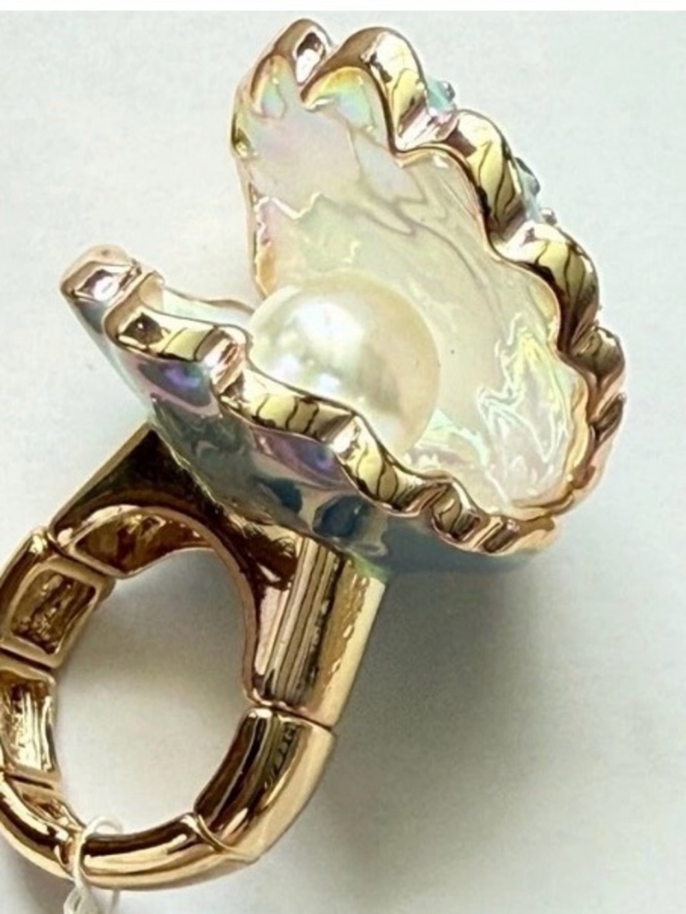 New Betsey Johnson Gold-Tone Pearl Shell stretch Ring with Aqua Crystals - Picture 7 of 16